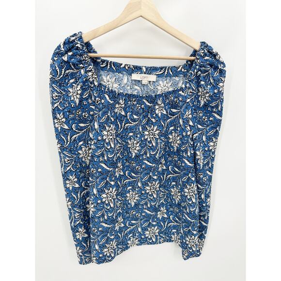 LOFT Womens Blue White Floral Print Smocked Square Neck Top Size S Peasant Boho - Picture 9 of 9